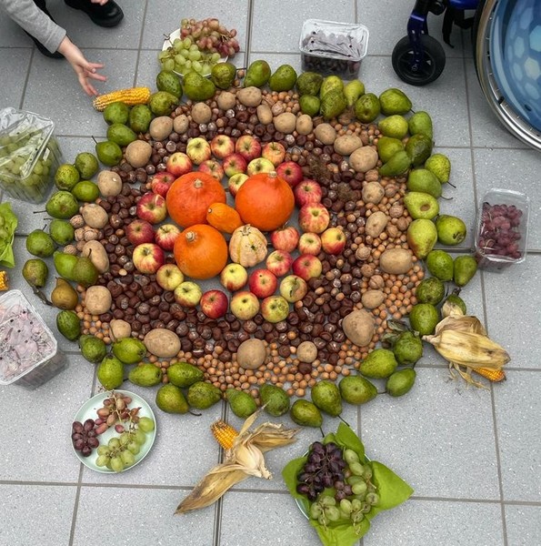 Das Bild zeigt das von den Schjüler:innen gelegte Mandala aus Herbstfrüchten.
