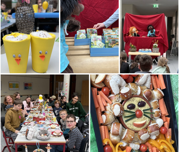 Die Collage zeigt verschiedene Eindrücke bei dem Osterfrühstück der Brückenschule.