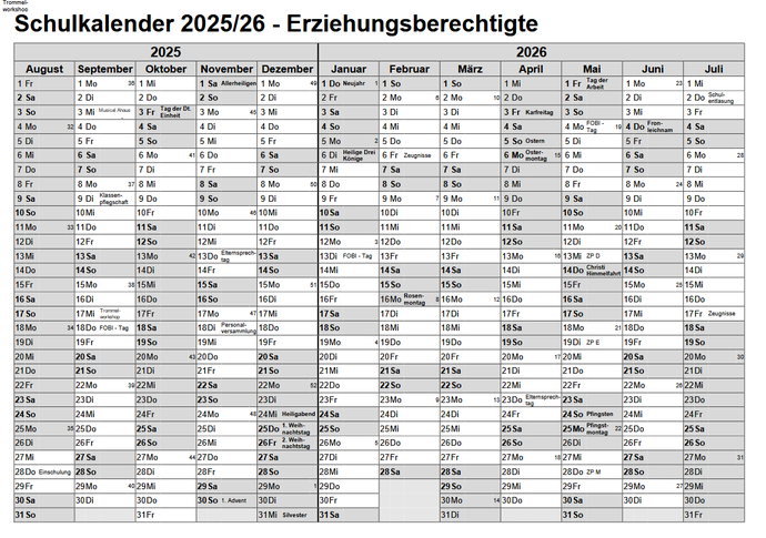 Schulkalender Erziehungsberechtigte