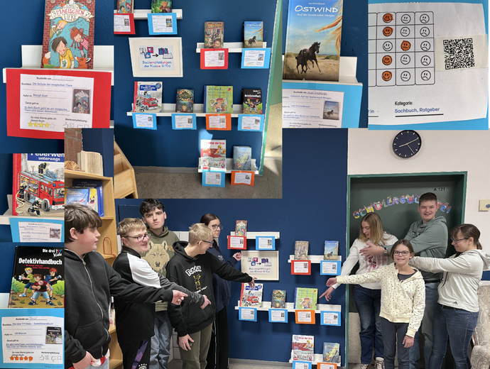 Die Collage zeigt die Schüler:innen mit ihren Buchempfehlungen.