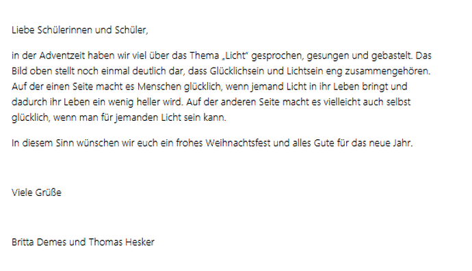 Das Bild  zeigt den Text , den die Schulleitung  als Weihnachtsgruß an die Schüler:innen gesendet hat.