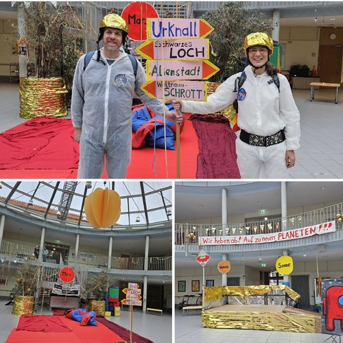 Die Collage zeigt die beiden jecken Organisator:innen des Schulkarnevals und das geschmückte Forum.