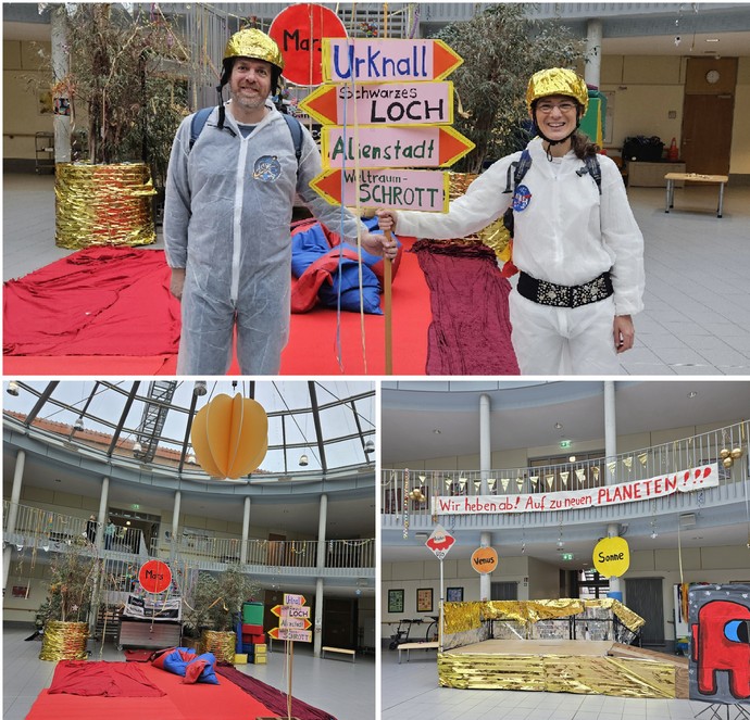 Die Collage zeigt das Karnevalskomitee und die als Weltraum geschmückte Pausenhalle.