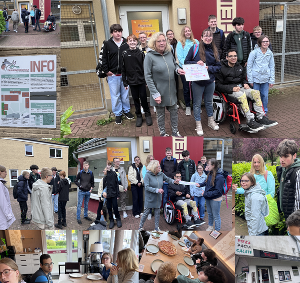 Die Collage zeigt die Schüler:innen der 9.10a bei ihrem Ausflug  nach Bocholt.