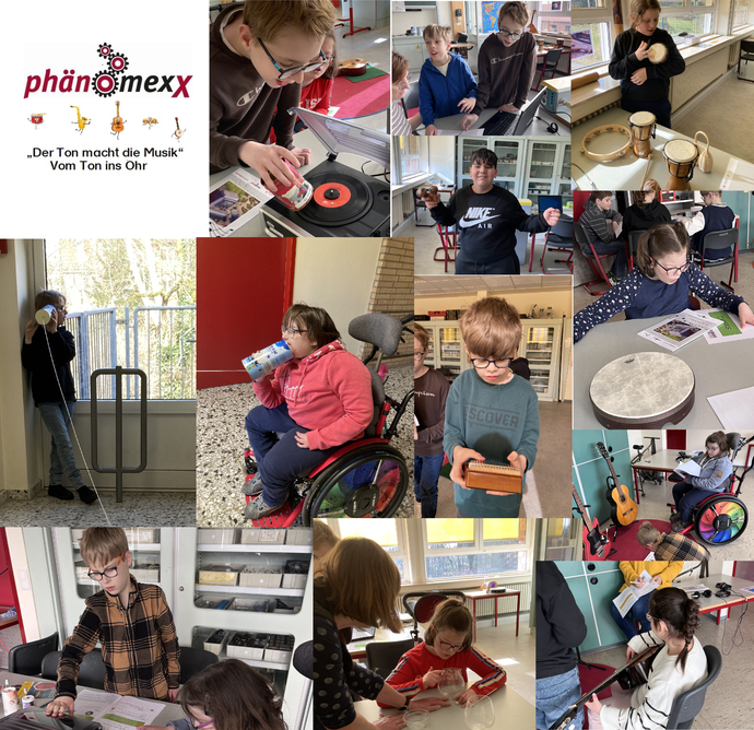 Die Collage zeigt Schüler:innen der 4a bei der Phaenomexx- Ausstellung im Naturwissenschaftsraum.