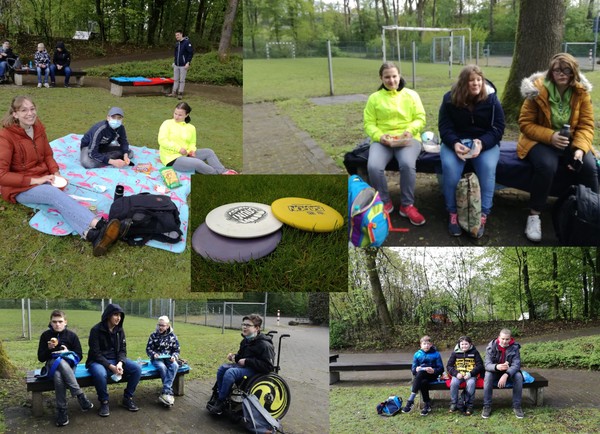 Die Collage zeigt die Klasse 7a beim Picknick am Wandertag.