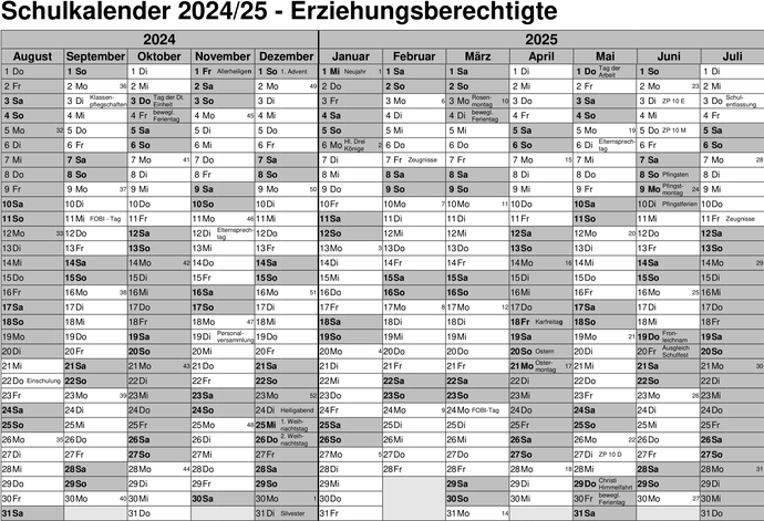 Schulkalender Erziehungsberechtigte