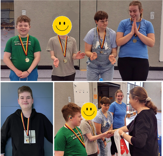 Die Collage zeigt das Siegerteam  mit ihren Medaillen.