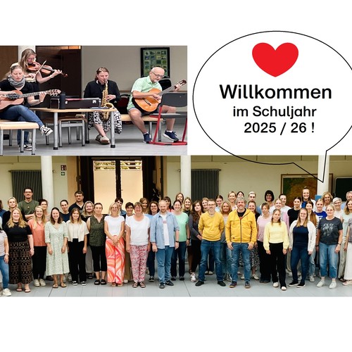 Die Collage zeit die Mitarbeiter:innen und den Schulstart am 1. Schultag im Forum.