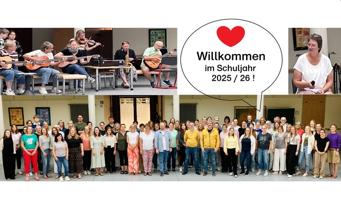 Die Collage zeigt die Mitarbeiter:innen  der Brückenschule und den Schulstart am 1. Schultag im Forum. Die Collage zeigt die Mitarbeiter:innen  der Brückenschule und den Schulstart am 1. Schultag im Forum.