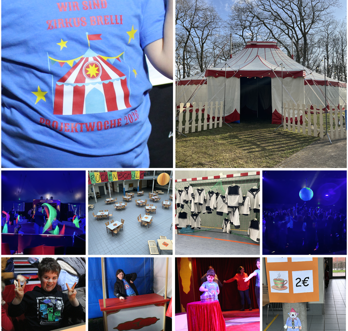 Die Collage zeigt verschiedene Bilder aus der Zirkuswoche wie das Zirkuszelt.