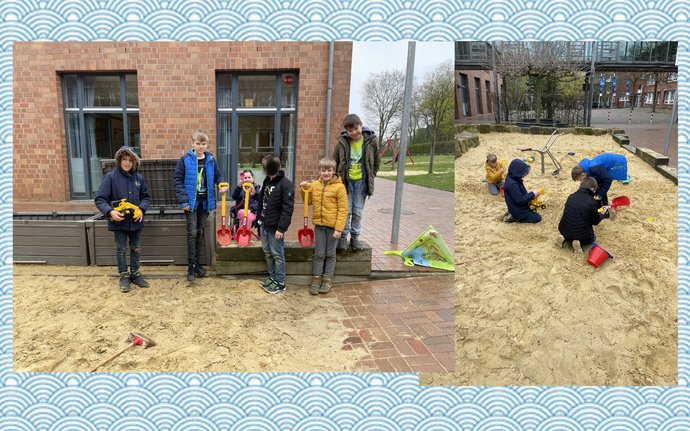 Die Collage zeigt Schüler:innen der 3c im Sandkasten mit dem neuen Spielzeug.