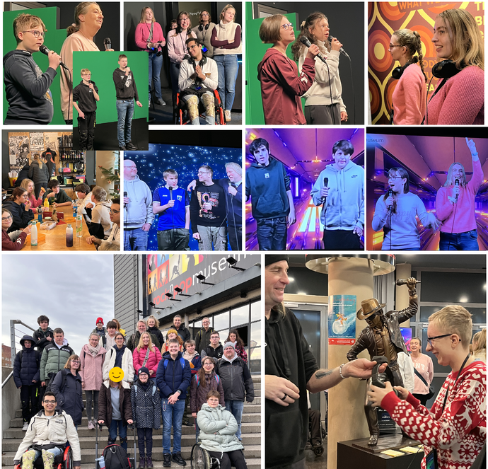 Die Collage zeigt die Klassen 9.10 a und b  im Rock- und Popmuseum.