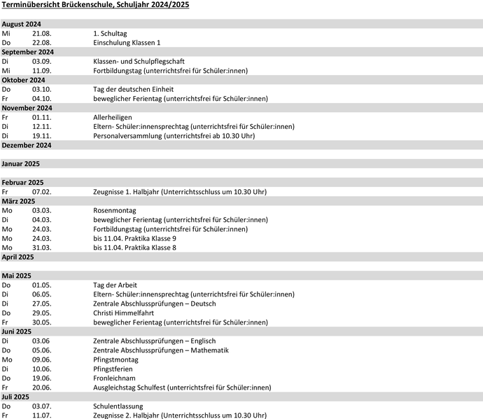 Terminliste Erziehungsberechtigte