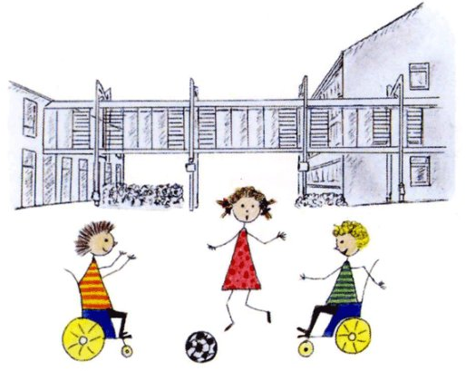 Das gezeichnete Logo des Fördervereins zeigt spielende Kinder vor dem Gebäude der Brückenschule.