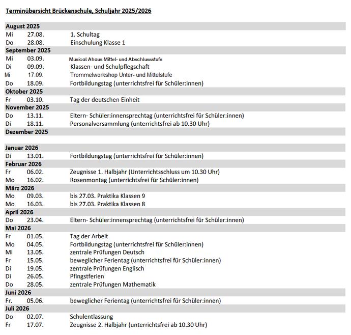 Terminliste Erziehungsberechtigte