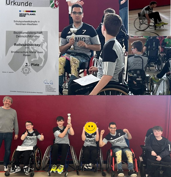 Die Collage zeigt die Mannschaft und die Urkunde des Rollihockey- Turniers.