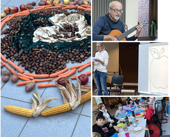 Die Collage zeigt das Erntedankfest der Untestufe im Forum.